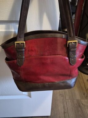 Tignanello Red Leather Shoulder Bag with Dark Brown Trim